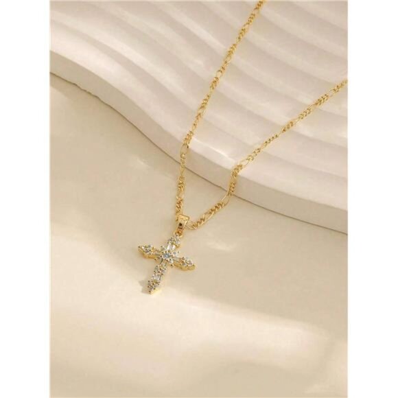 14K Gold Plated  Cross Pendant Necklace Dainty Gold - Picture 6 of 13